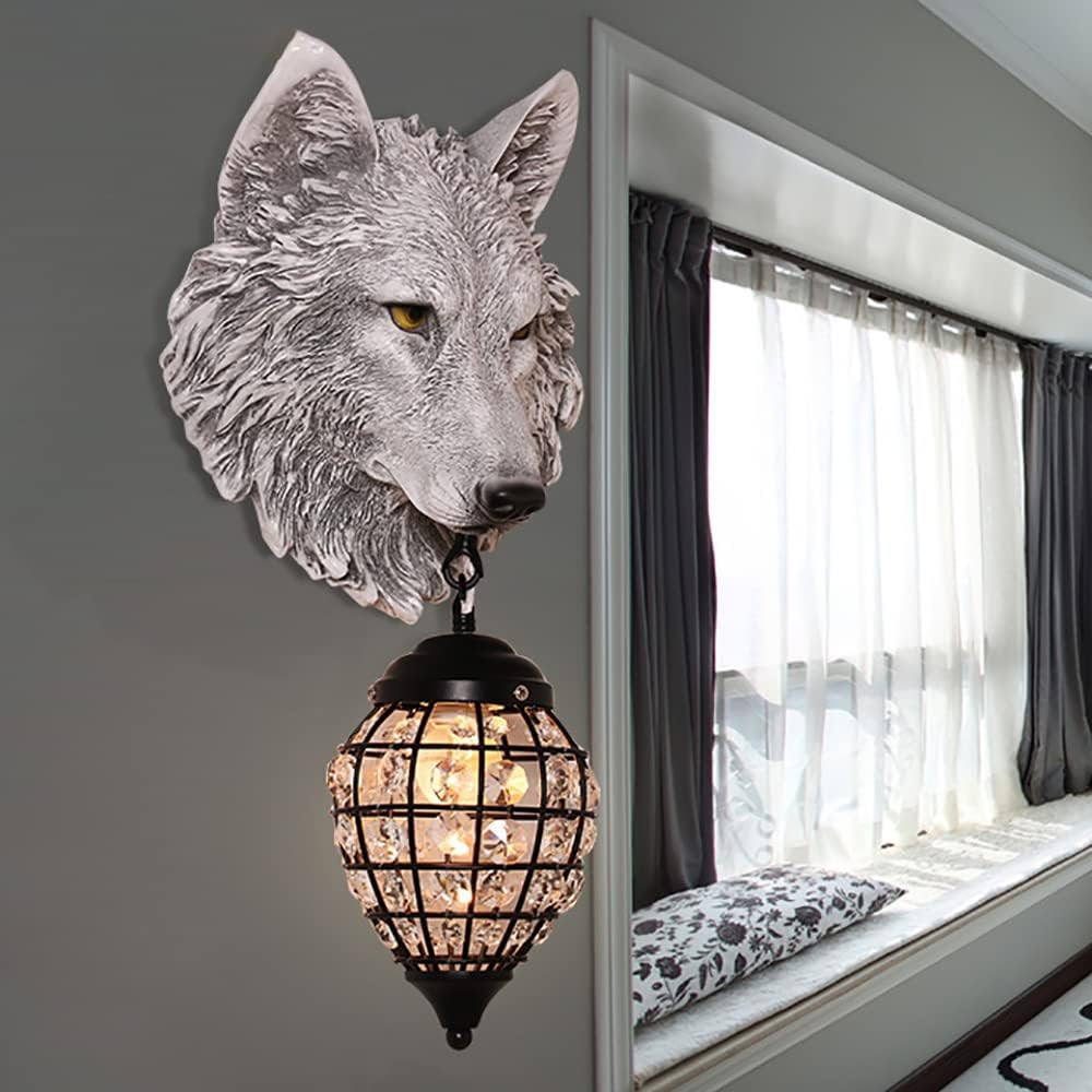 Rustic Wall Sconce, Wolf Wall Sconce Lighting with Crystal Shade, Resin Farmhouse Decorative Wall Light Grey Finish