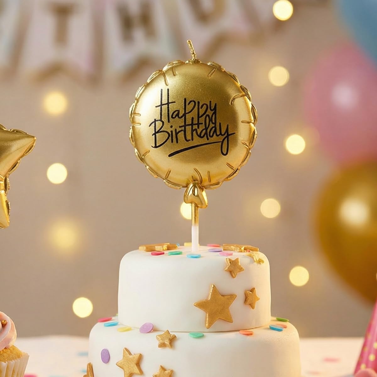 Inevitable Gold Celebration Candles Happy Birthday Candle, Star And Round Balloon Shape, 6.5X14cm, Wax Candle For Birthday Cake Decoration, Choose From 2 Assorted Designs (Round Balloon Shape)