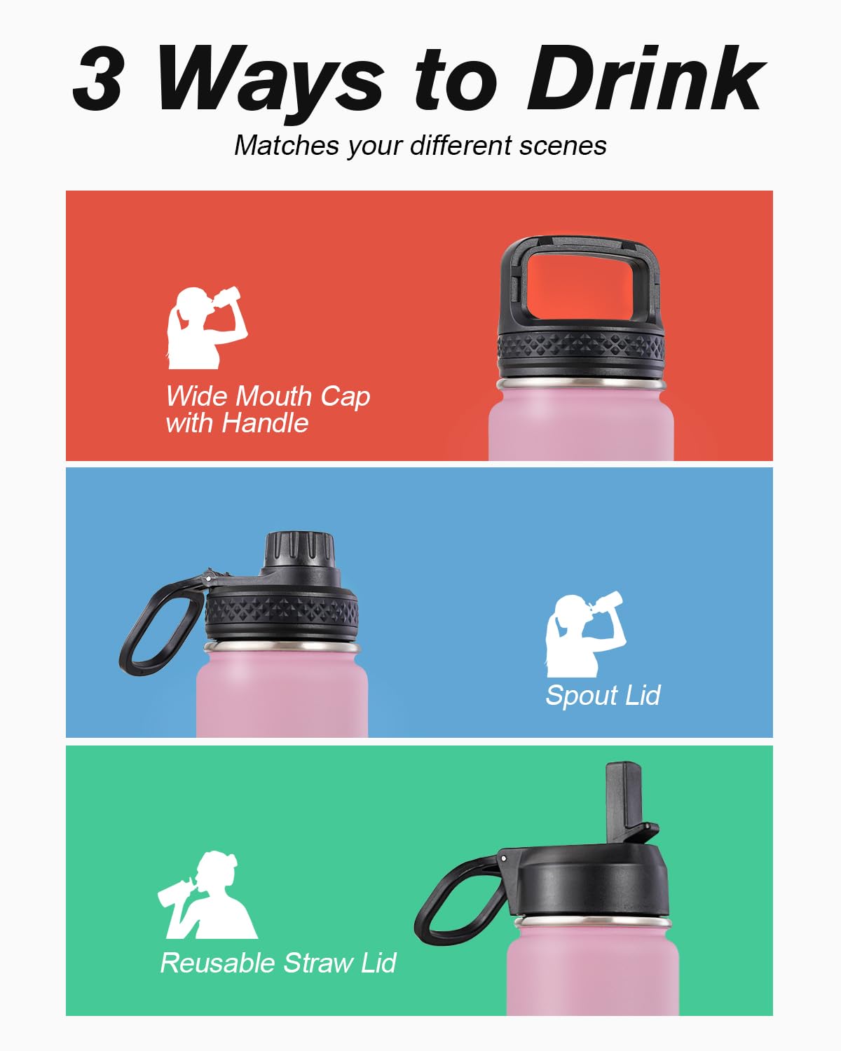 Coolflask Borraccia termica con cannuccia, in acciaio inox, con 3 coperchi, imboccatura larga, per sport o ufficio, senza BPA, mantiene il freddo fino a 48 ore o caldo fino a 24 ore, motivo