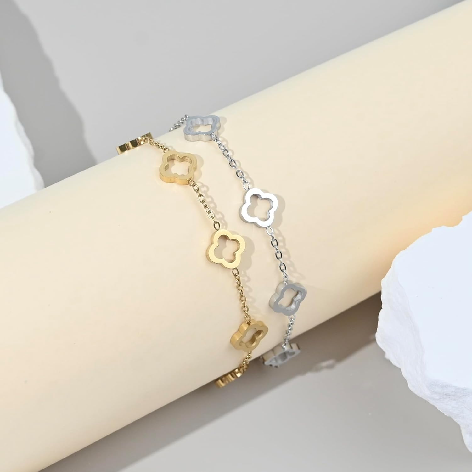 18K Gold Plated Four Leaf Clover Link Bracelet for Women. Trendy Lucky Hollow Clover Women's Gold Jewelry Gift. Best Bracelet for Stack. - Image 4