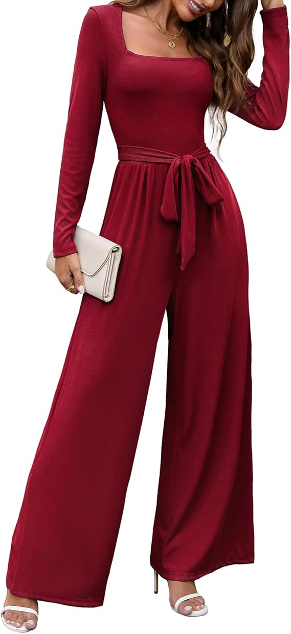 LOOKBOHO Jumpsuits For Women Dressy Long Sleeve Square Neck Casual Belted Wide Leg Long Pants Romper One Piece Outfits