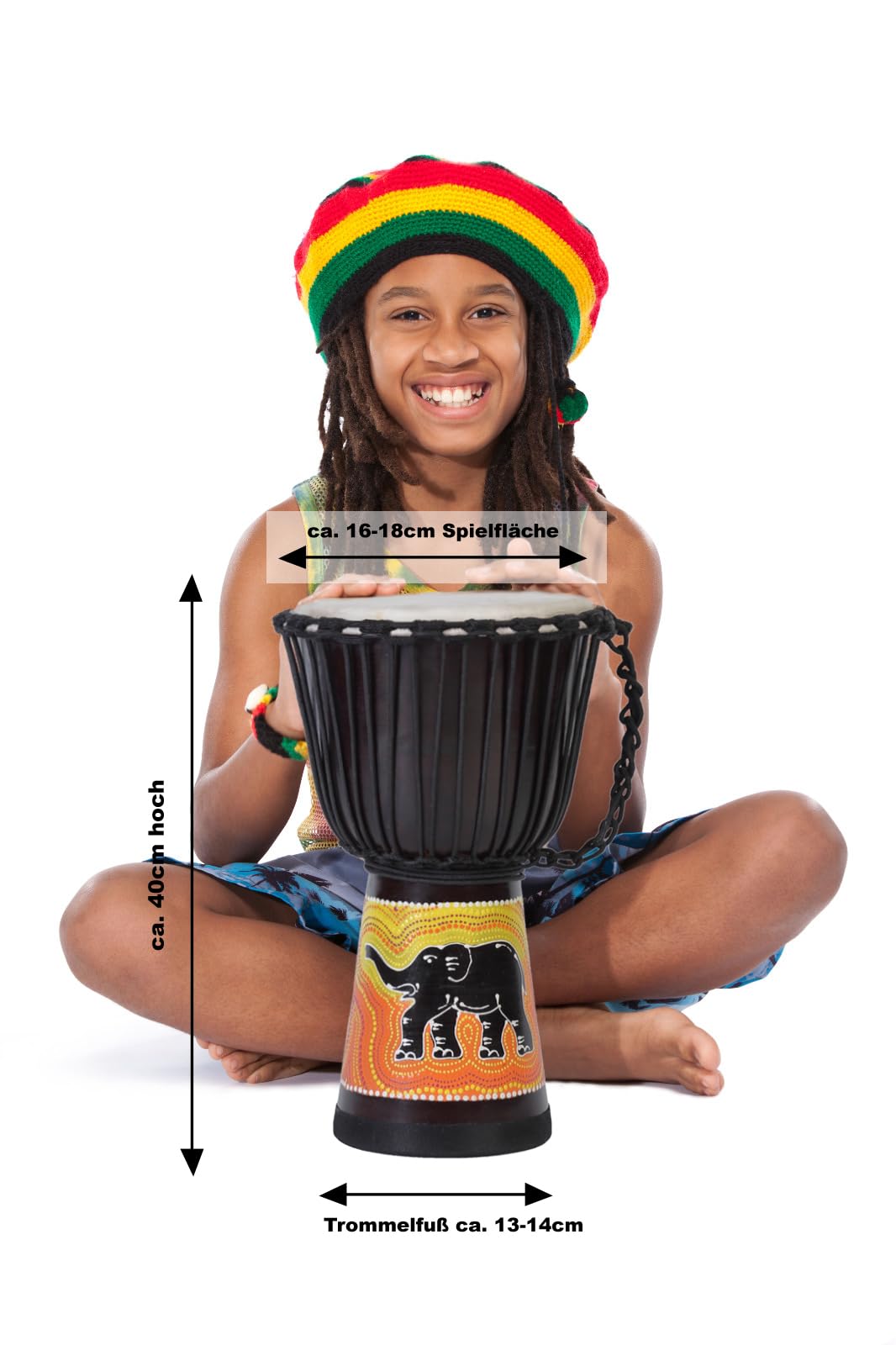 Ciffre 40cm Tambor Djembe Profesional Bongo Tambor arbusto Tambor percusión Motivo Elefante Estilo África - (para niños a Partir de 6 años y Principiantes)