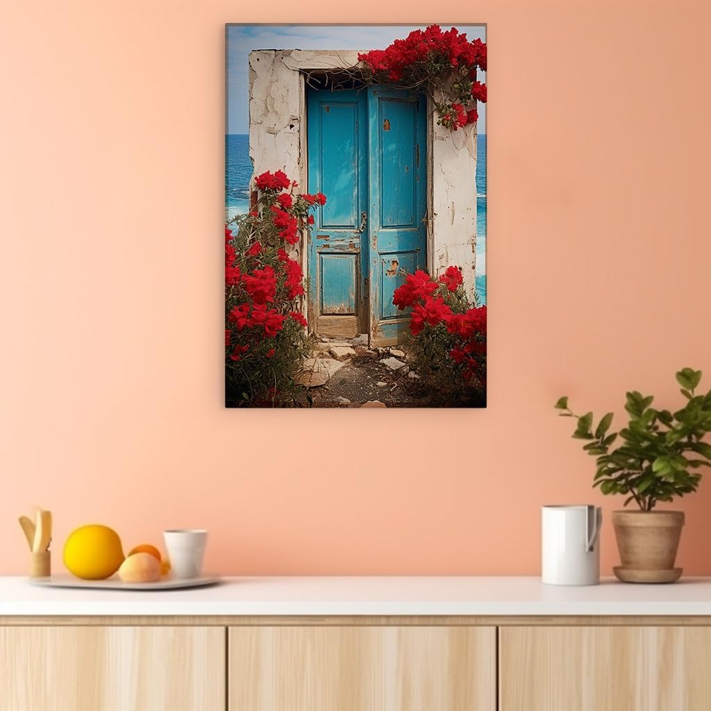 Canvas for Living room. The Doorway to Yesteryear: A Serene Seaside Escape Amidst a Bloom of Red, 27 x 18 inch Canvas Wall Art - Ready to Hang