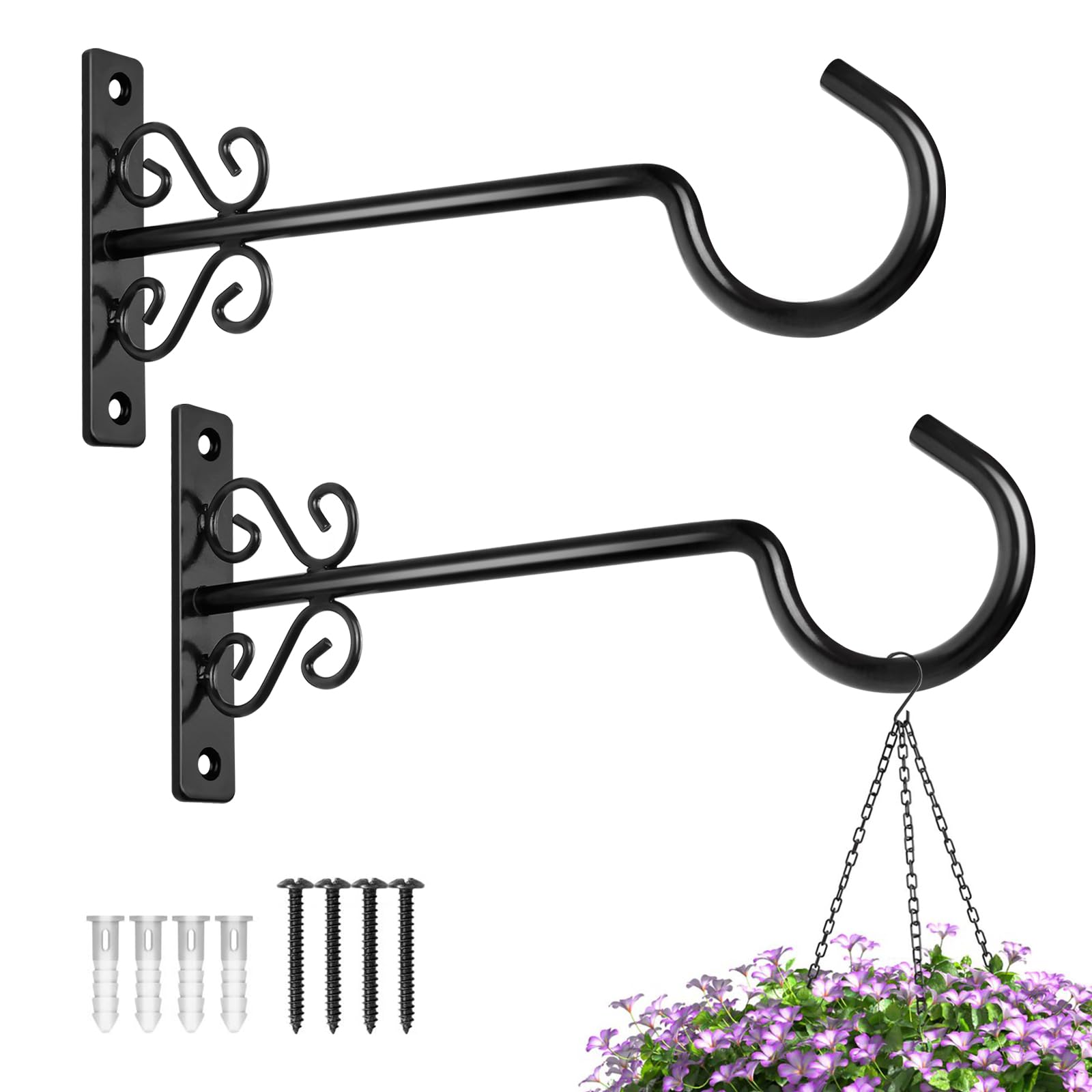 BOLITE Plant Hangers, 10 Inch Hanging Plant Brackets Outdoors or Indoors, Wall Hooks for Hanging Hummingbird Feeders, Bird Feeders, Planters, Lanterns, Wind Chimes, String Lights, 2 Pack, Black