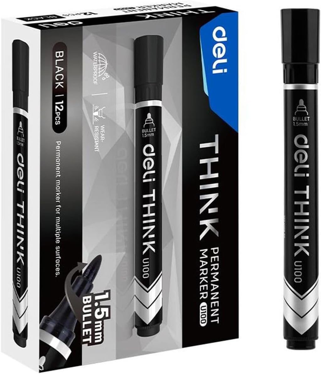 Deli Permanent Bullet Marker 12-Piece, 1.5 mm Tip Size, Black