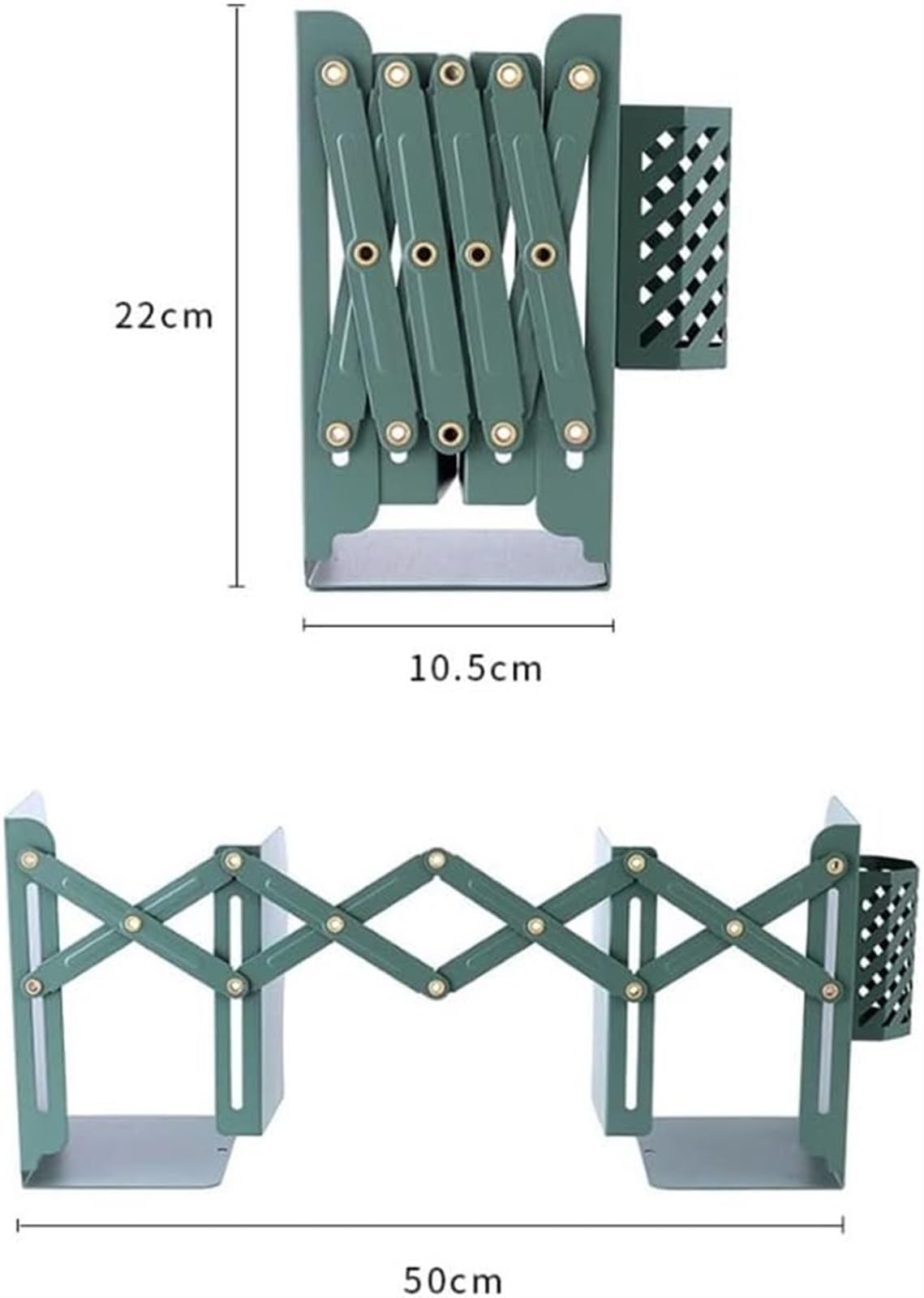 Fermalibri Fermalibri for mensole, fermalibri Regolabile espandibile da scrivania, scaffale in Metallo con portapenne for Ufficio e casa(Green)