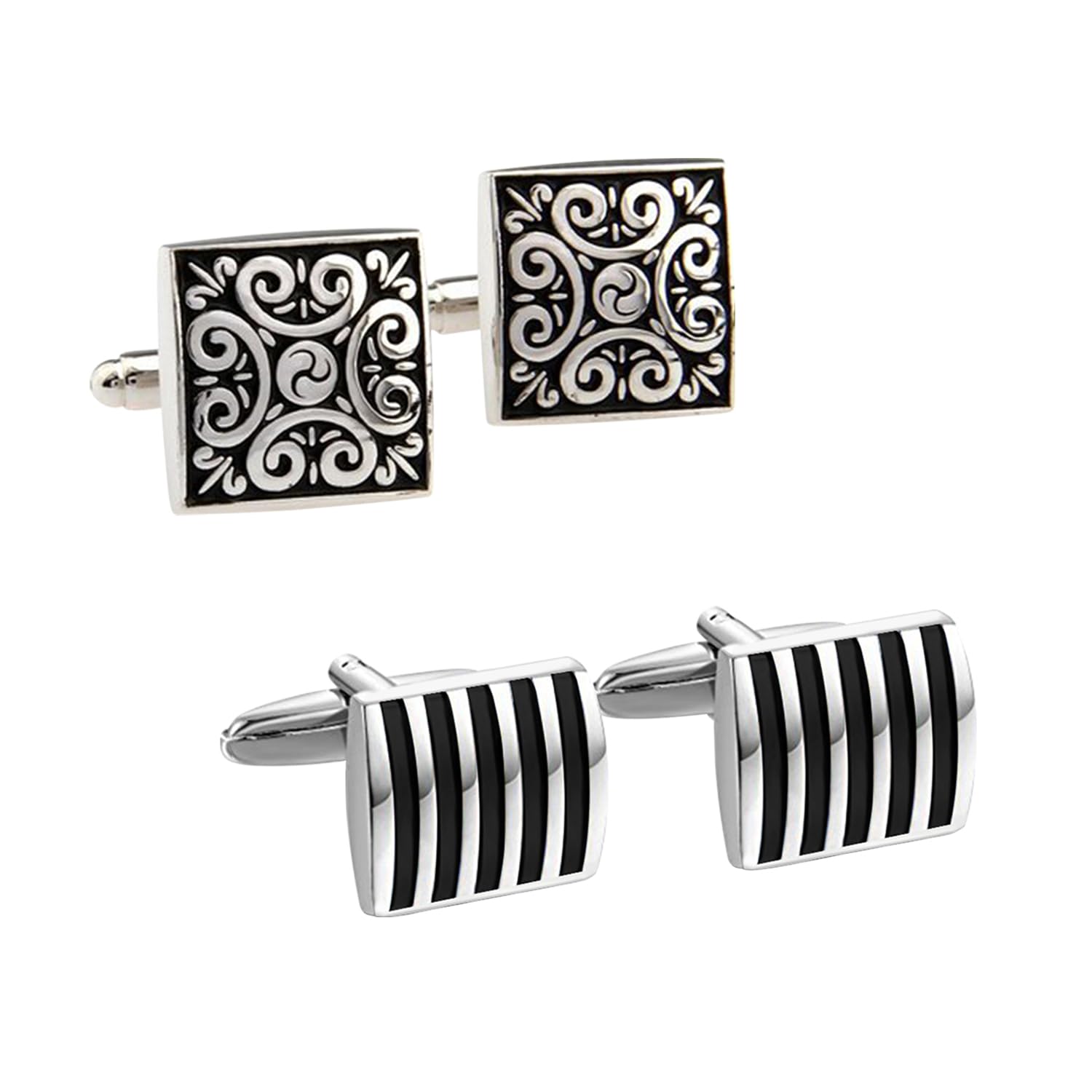 Peora Combo of Square Shaped Design & Strips Black Formal Cufflinks Set Gift for Men