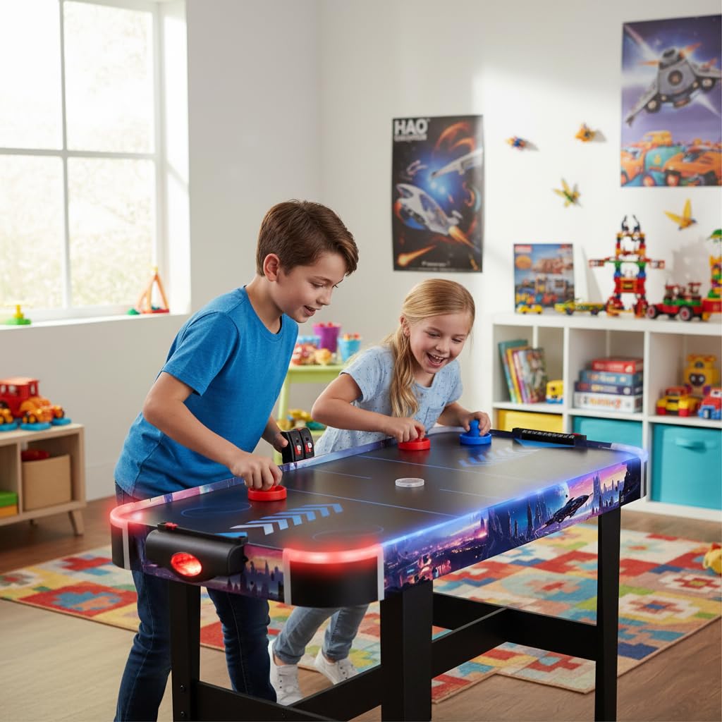 LED-Airhockey Spieltisch von FASports, Air Hockey Kinder/Jugendliche ab 8 Jahren, Airhockey Spieltisch mit Luft inkl. leuchtende Pusher und Pucks