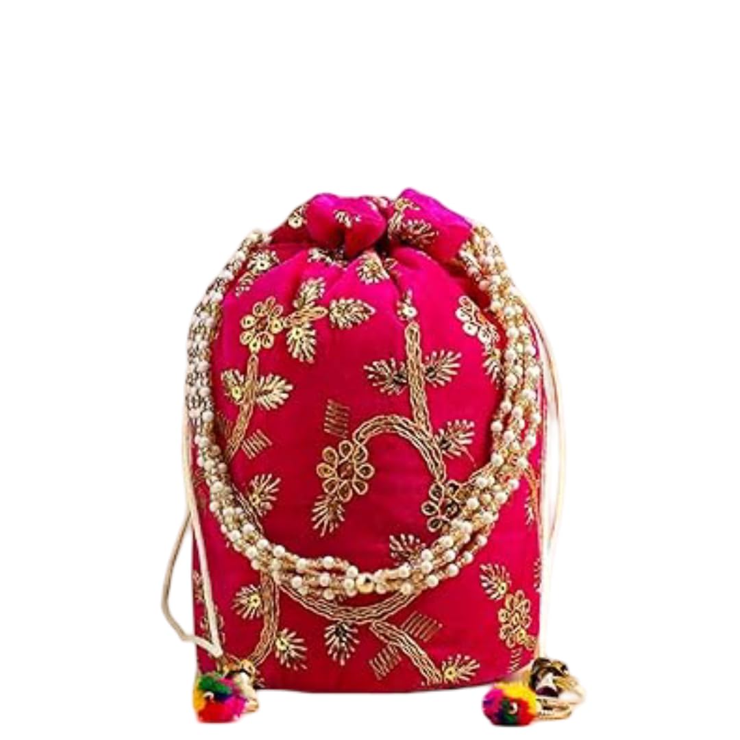 Handcrafted Fushia Pink Golden Embroidered Pearl Potli Bag for Diwali Gift, Karwa Chauth Gift & Gift for Wife, Sister, Mother, Friends, Colleagues, Girlfriend-image-27