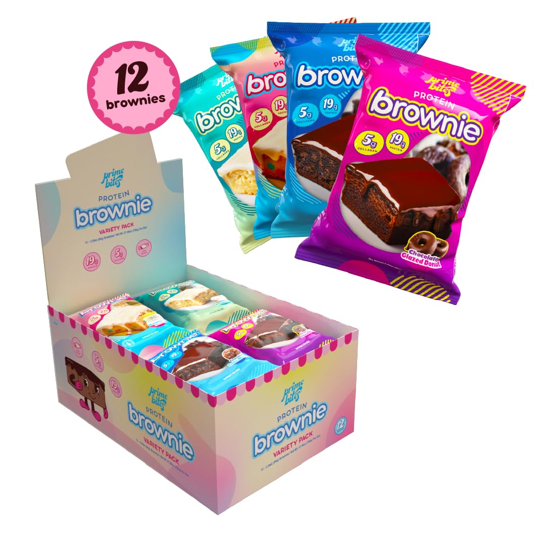 Prime Bites, snack ad alto contenuto proteico per brownie, a basso contenuto di carboidrati, confezione da 12 pezzi | 19 g di proteine, 5 g di collagene, senza glutine, dolcetto a basso contenuto di zuccheri, delizioso snack proteico