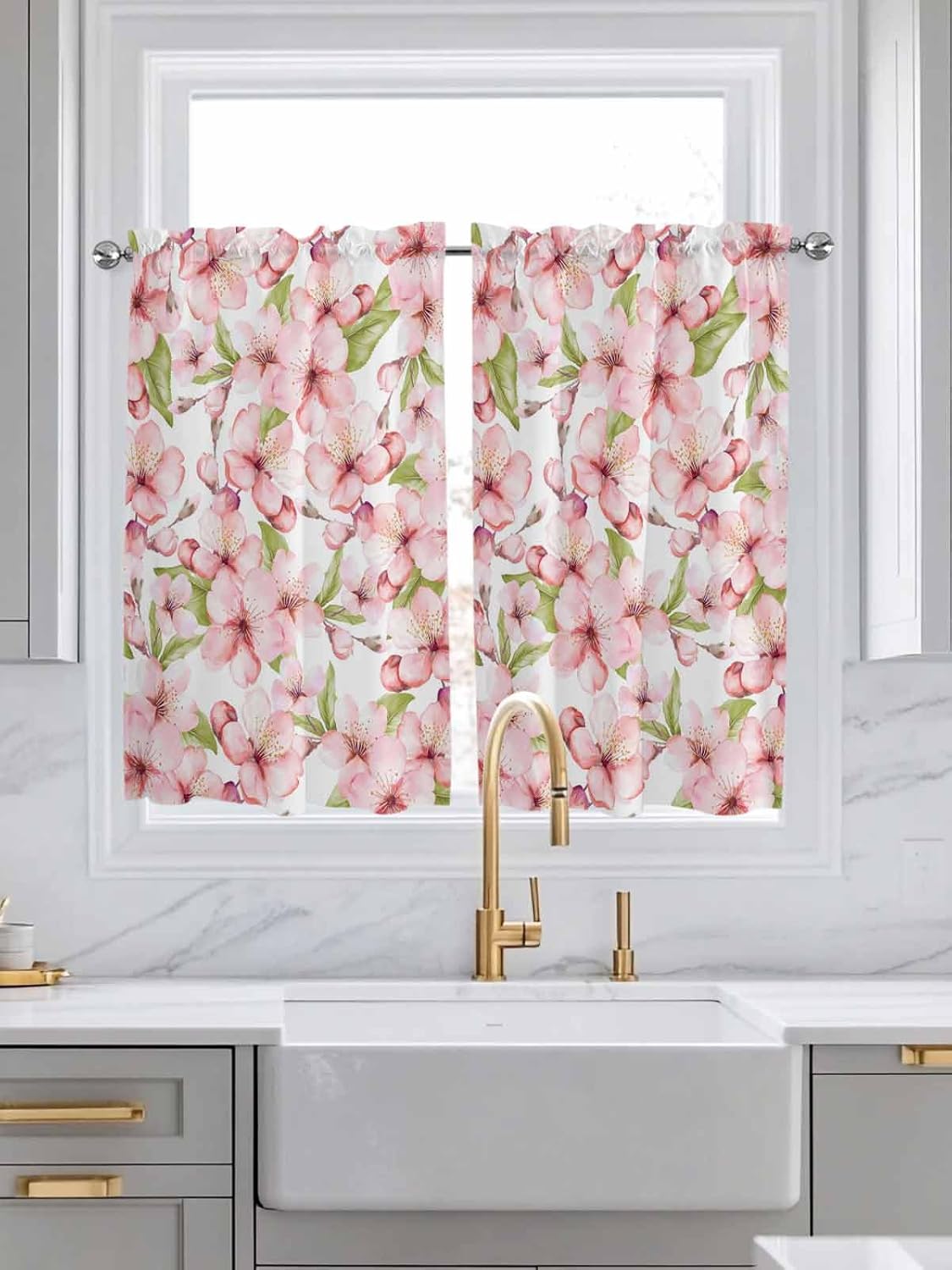 Spring Cherry Blossom Flower Window Curtains 54 Inches Long Set of 2 Panels, Pink Floral White Backdrop Rod Pocket Kitchen Curtains Light Filtering Curtain for Bathroom Cafe Bedroom