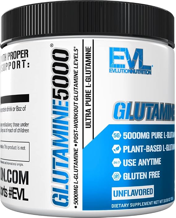 Pure Vegan L-Glutamine Powder Supplement - Evlution Nutrition Nitric Oxide Booster 5g L Glutamine Supplement for Post Workout Recovery Enhanced Pumps Gut Health Energy and Immunity - Unflavored