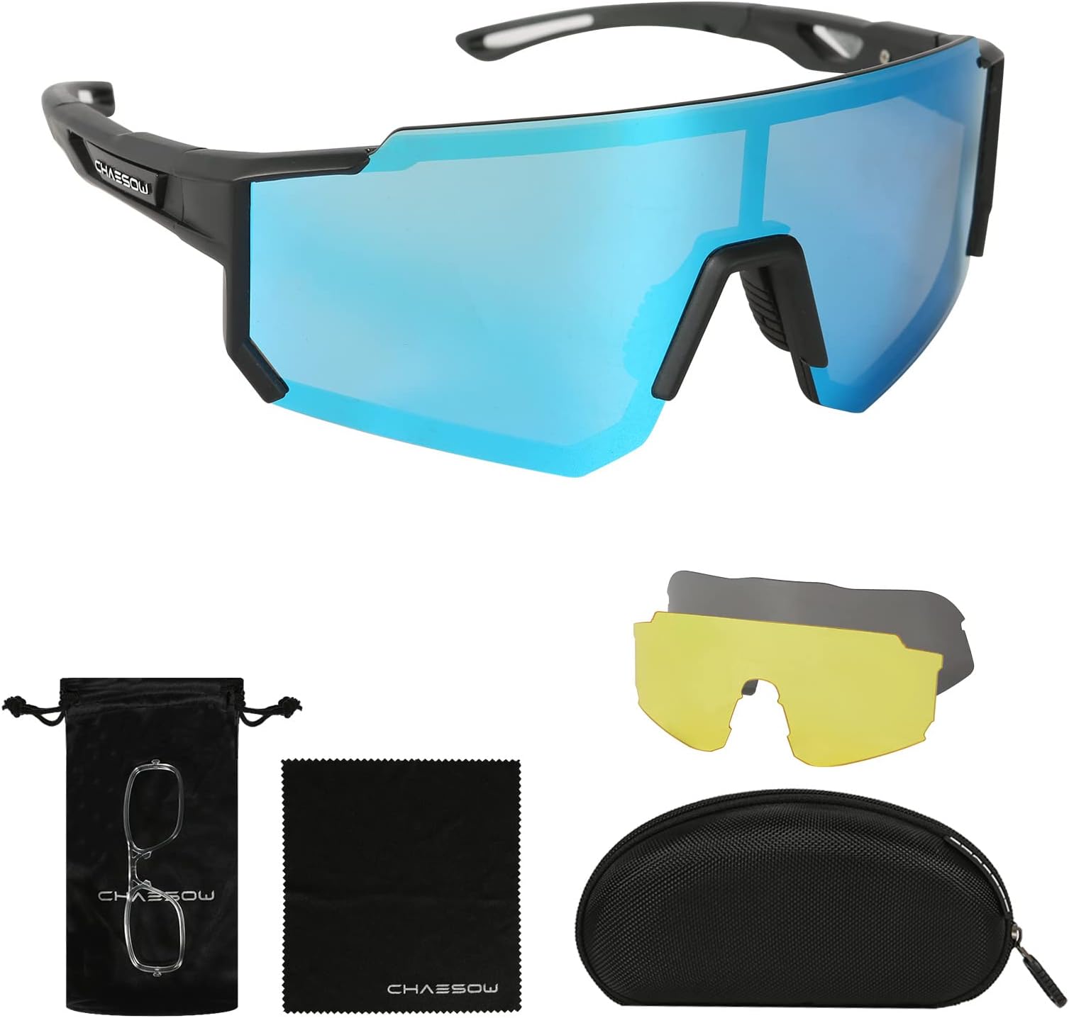 CHAESOWCycling Glasses Polarized, 3 Interchangeable Lenses, UV Cycling Sunglasses Mens Womens, Sport Sunglasses