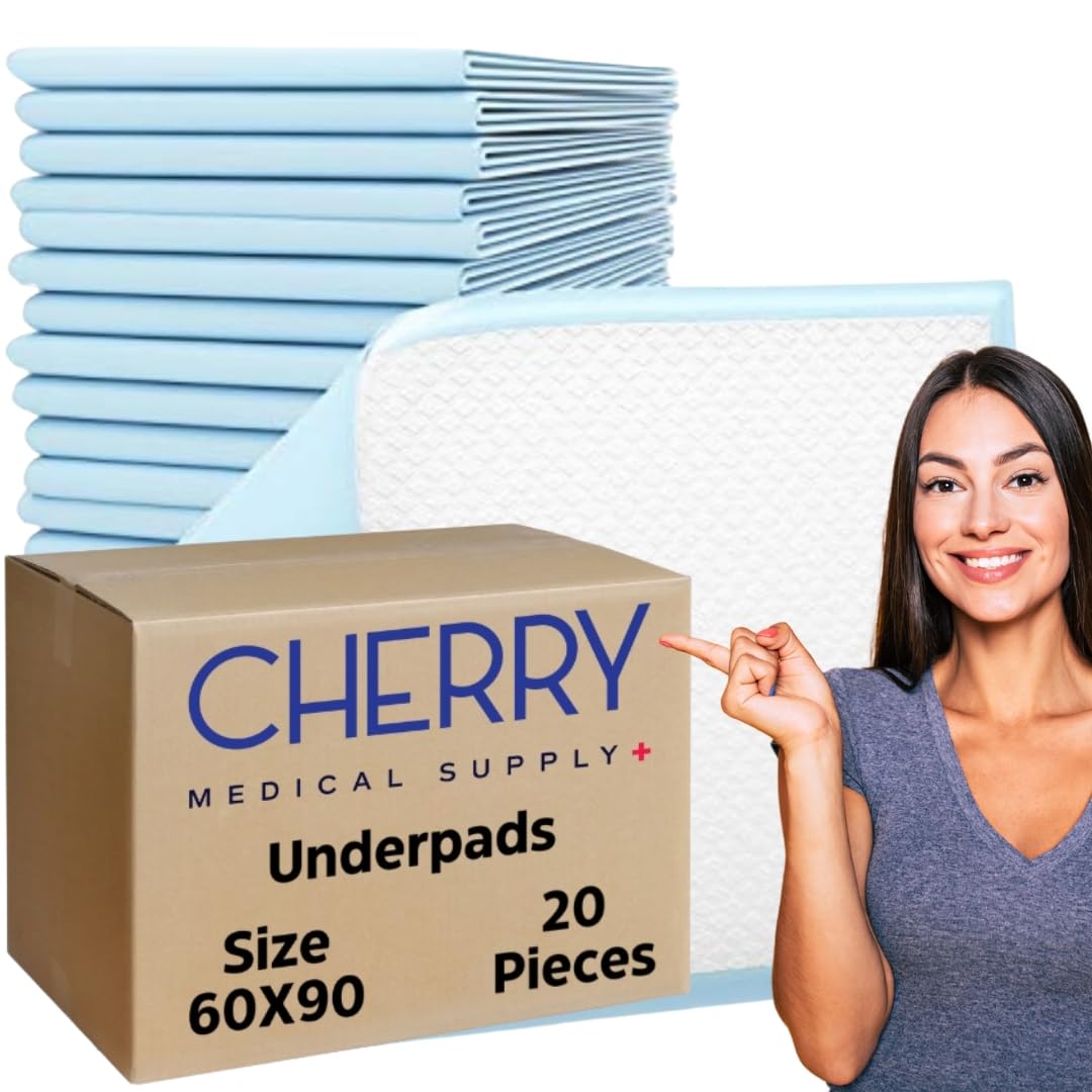 Cherry Medical Supply 20-Pieces Packed in 2 Pouches 60 cm x 90 cm XL Disposable Underpads, Incontinence Pads, Chux, Bed Covers, Puppy Training Thick, Super Absorbent Protection for Kids Adults Elderly