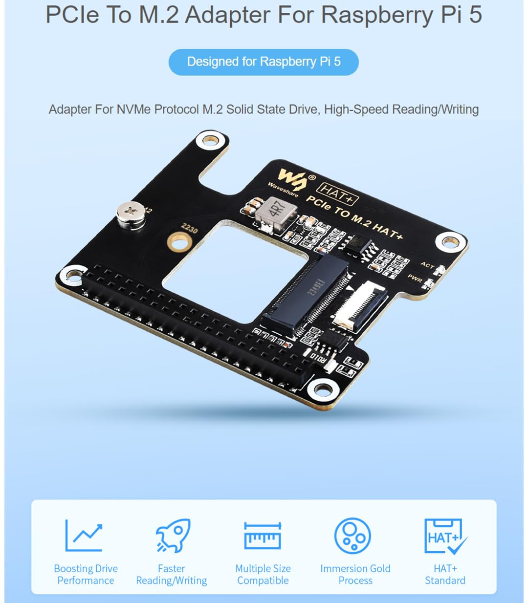 for Raspberry Pi 5 PCIe to M.2 Adapter, Supports NVMe Protocol M.2 Solid State Drive, High-Speed Reading/Writing, HAT + Standard, Compatible with M.2 Drives in 2230/2242 Size, Gen2 and Gen3 Modes