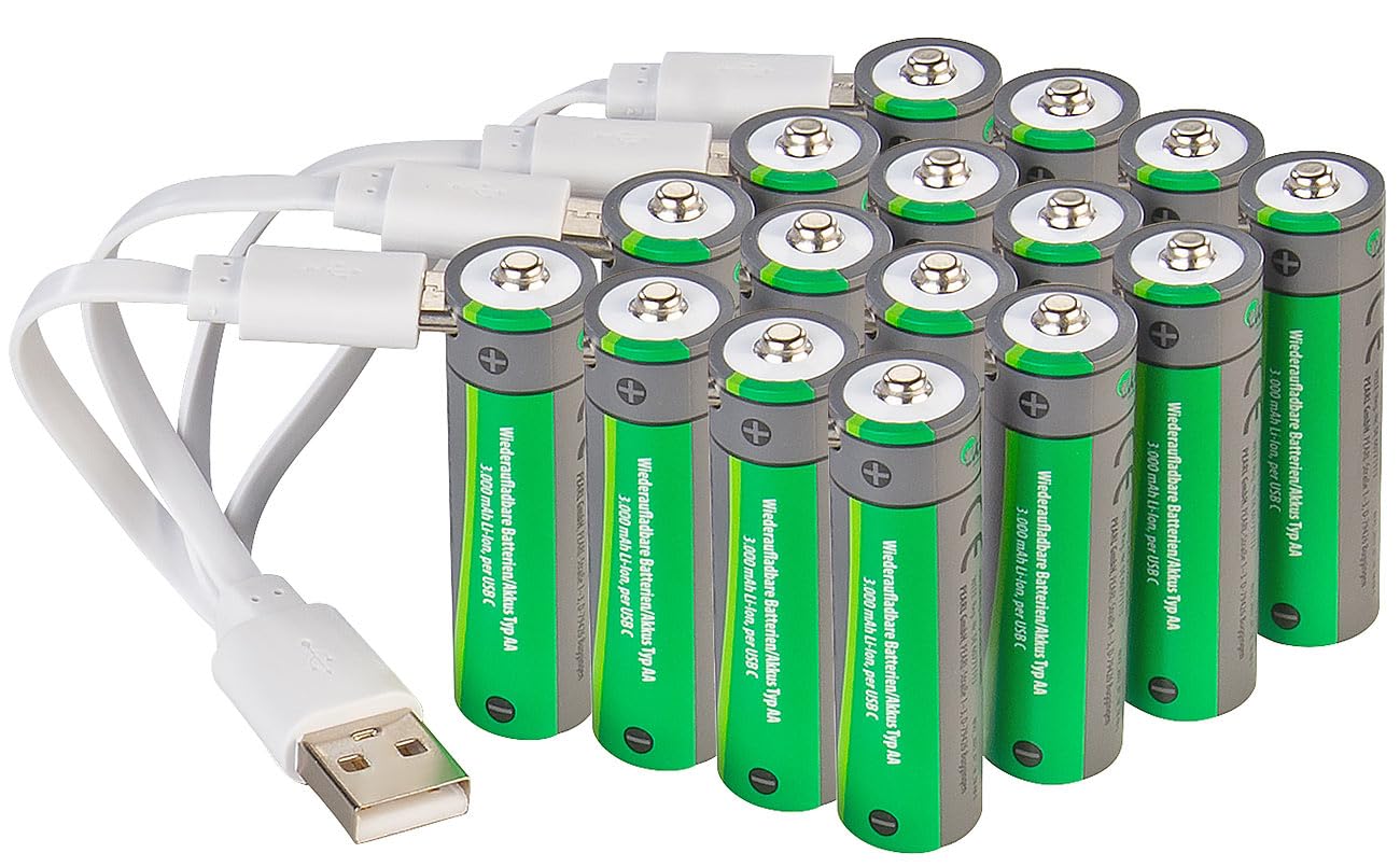 tka Köbele Akkutechnik Batterien USB: 16er-Set wiederaufladbare High-Capacity-Batterien Typ AA, 3.000mWh (Akkus Aa, Akku USB, RC)