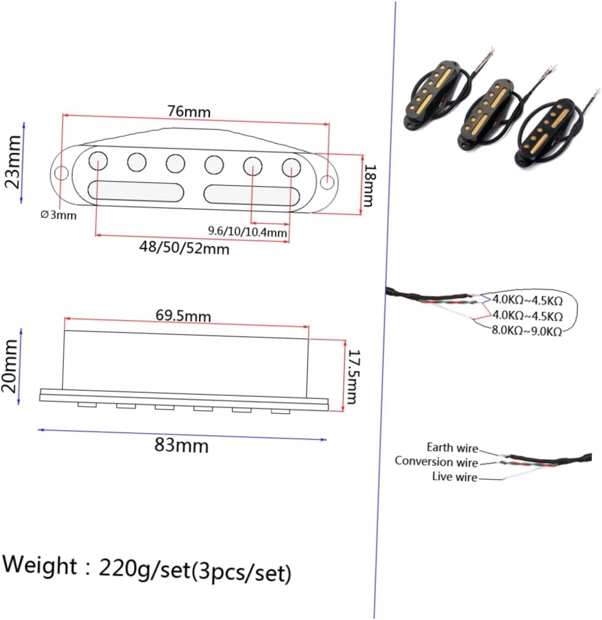 スダードシングルコイルピックアップ エレキギター用 ノイズなし