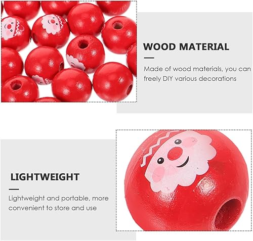 Miniatura 2 de EXCEART Cuentas de madera de Navidad, 30 cuentas sueltas de Navidad, cuentas redondas con patrón de cara de Papá Noel, cuentas espaciadoras pulidas