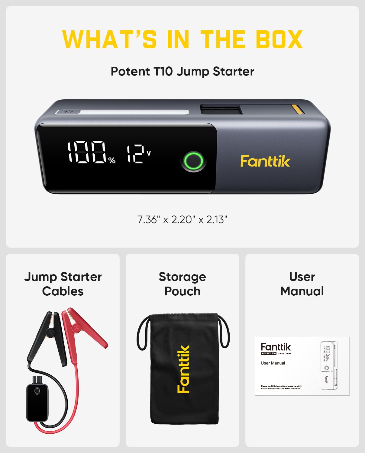 Fanttik Potent T10 Tragbarer Starthilfe Powerbank, Starthilfegeräte | 12000mAh Powerbank, 12V sichere Lithium-Starthilfe, Batteriebooster für 7,0L Benzin- und 5,0L Dieselmotoren