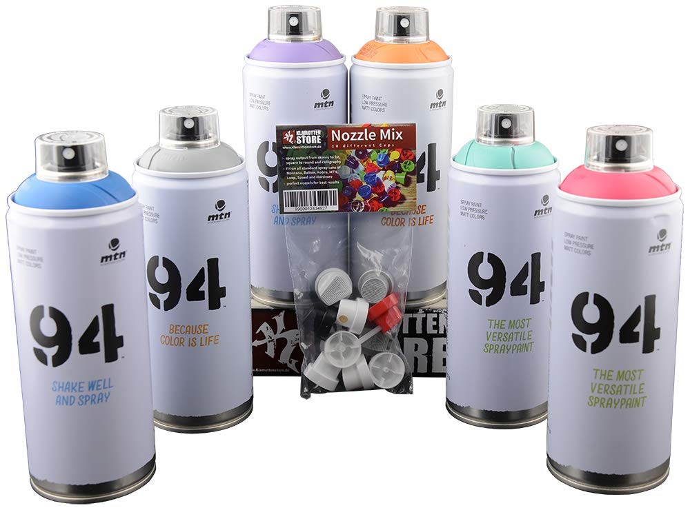 KLAMOTTEN STORE Sprühdosen Set MTN94 Future 6x400ml + Ersatzsprühköpfe Spraydosen für Hobby, Handwerk, Kunst - kräftig deckende Farben