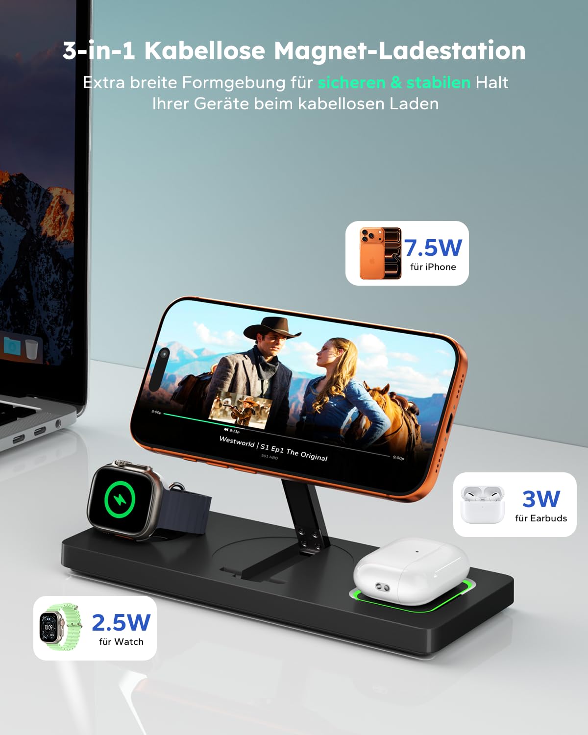3 in 1 MagSafe Ladestation iPhone Apple Watch, Faltbar Induktive Ladestation Kompatibel mit MagSafe Ladegerät für iPhone 17/16/15/14/13/12, Apple Watch & AirPods (inkl. 20W Adapter) - Schwarz