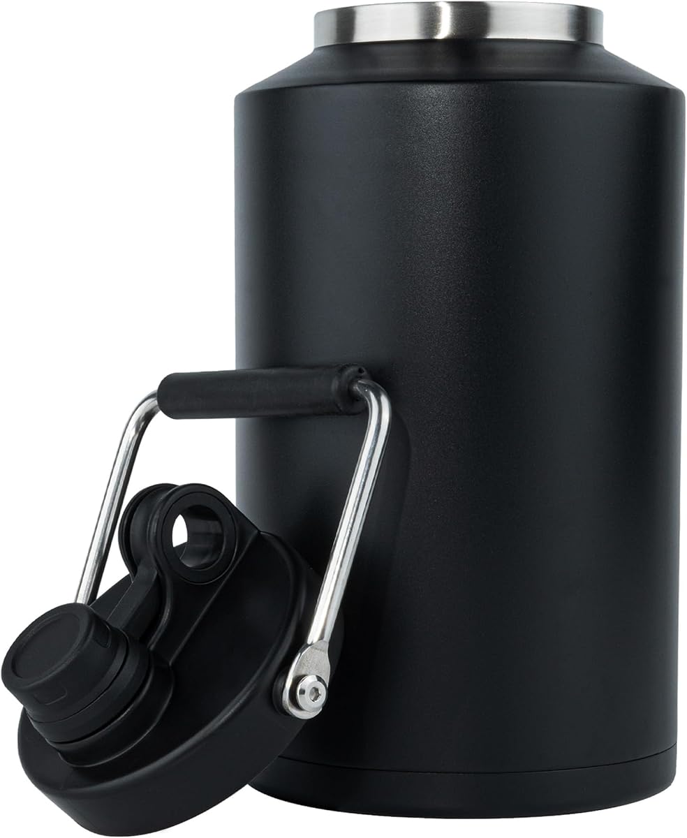Jarra aislada de un galón con asa, un galón, acero inoxidable de 128 oz, botella de agua grande de doble vacío para bebidas frías y calientes, boca ancha, a prueba de sudor, ideal para viajes, camping, negro