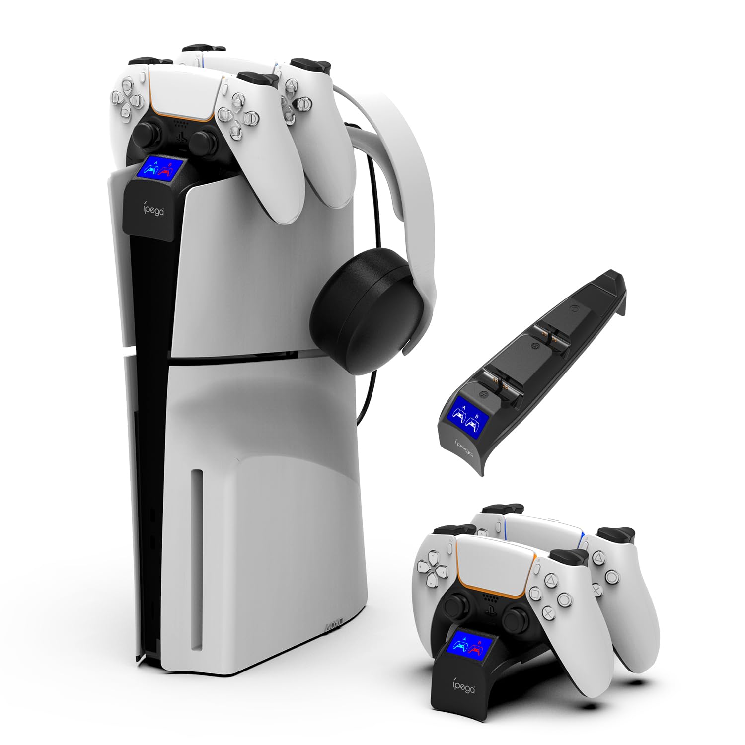 ElectronGeek ipega PS5 Slim Dual Controller Charge Stand and Headset holder for PlayStation 5 Slim DualSense Controller - Black