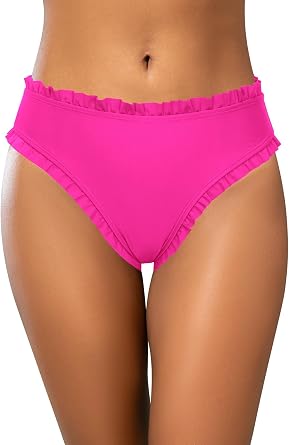 SHEKINI Women Medium Waist Petite Bikini Bottoms Cheeky Solid Color Swimsuit Ruched Frill Trim Swim Briefs