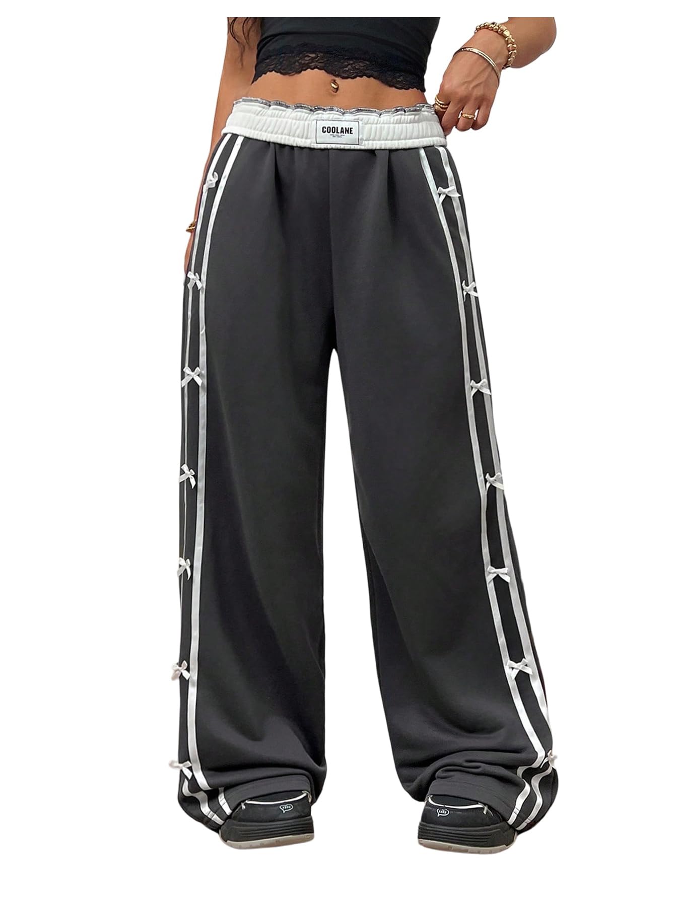 WDIRARA Womens Baggy Sweatpants Bow Side Wide Leg Y2k Slouchy Palazzo Pant