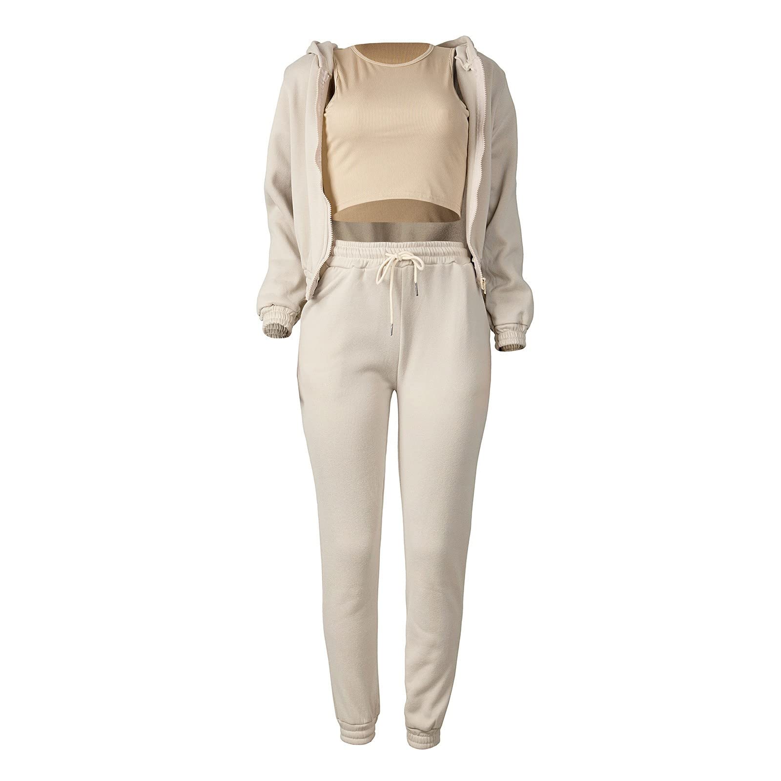 Generisch Damski dres treningowy na zimę, top, kamizelka, spodnie, zestaw modny, jednokolorowy, zamek błyskawiczny, bluza z kapturem, spodnie, zestaw trójczęściowy