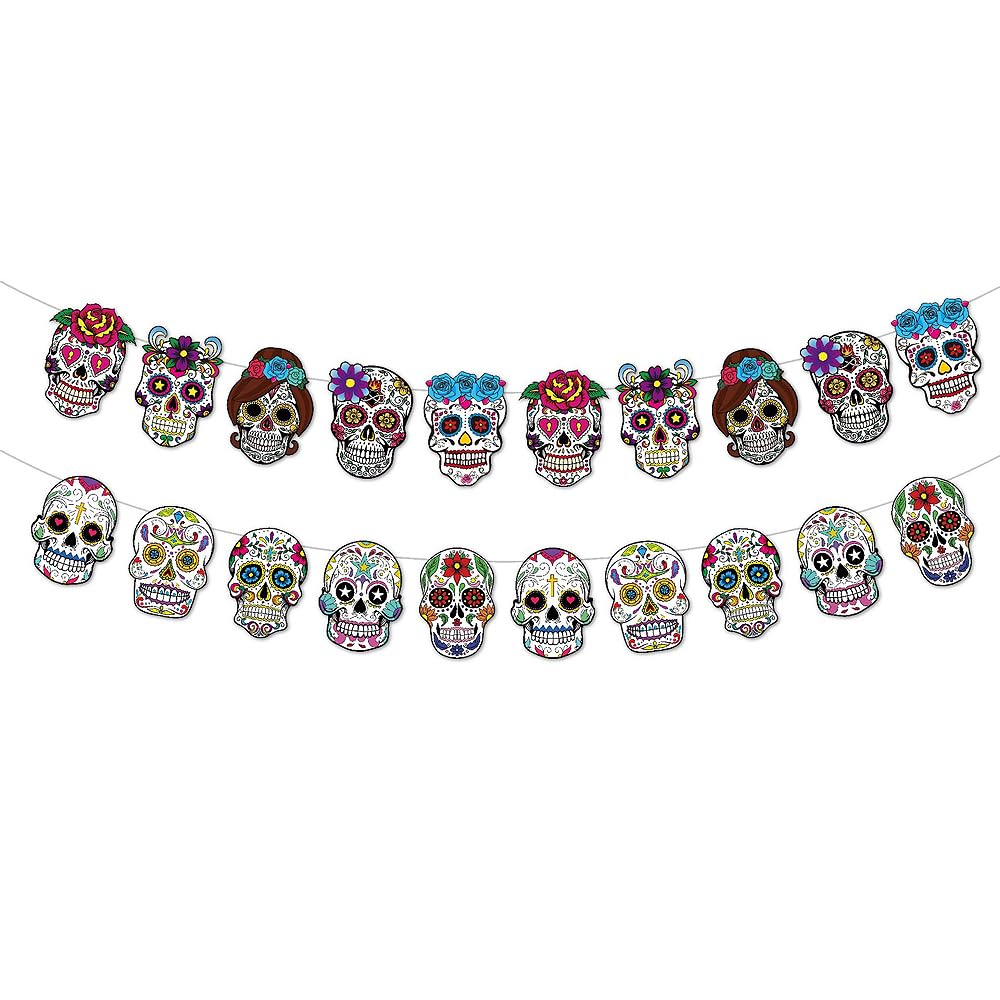 2 Pack Day of The Dead Decorations Banner,Dia De Los Muertos Skull Pennant Banner Men and Women Sugar Skull Garland Bunting Banner for Halloween Mexican Fiesta Party Day of The Dead Decorations