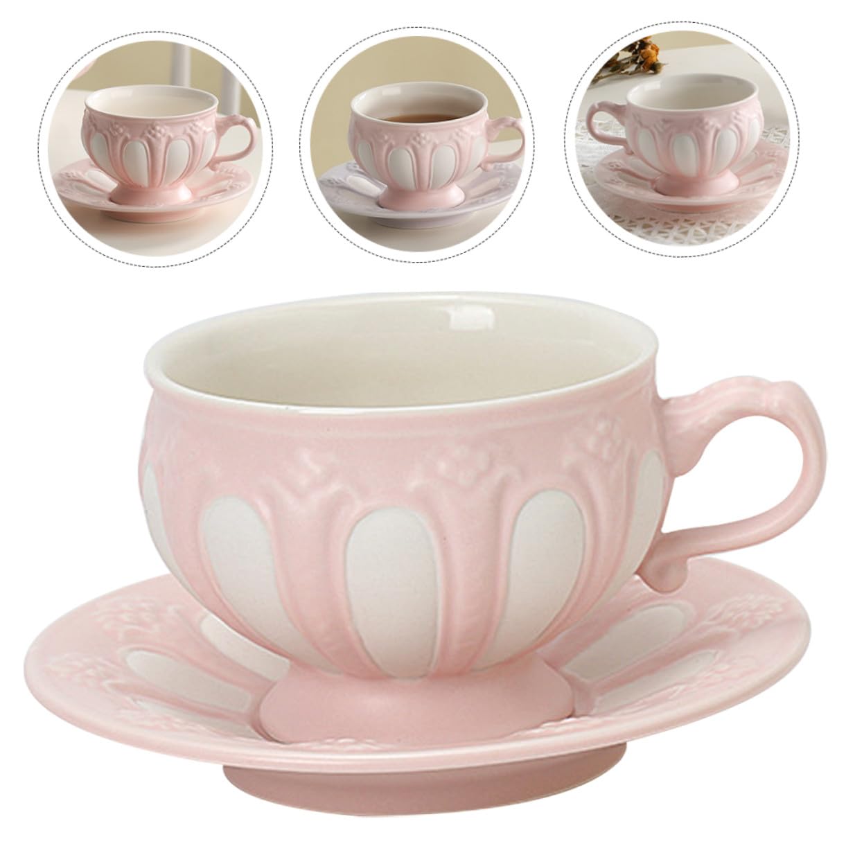 Europäisches Keramik Kaffeebecher mit Relief, 2 Stück Rosa | Ergonomischer Griff, 1, für Tee und Wein, Passend für Café und Dessertshop