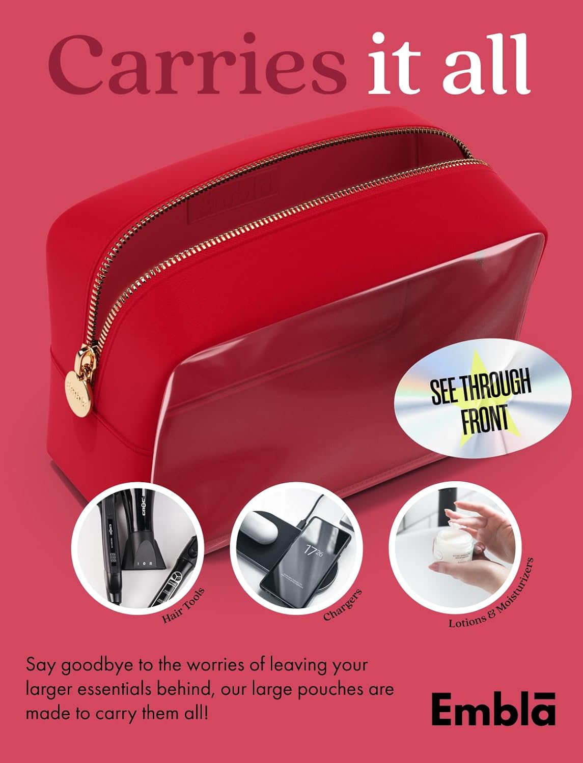 Embla Clear Cosmetic Bag Makeup Case, Clear Zipper Make Up Pouch and Toiletry Travel Tote, Cute Skincare Pouches for Women Girls, Preppy Purse Cosmetic Organizer, Large Makeup Bags, Ruby Red - Image 4