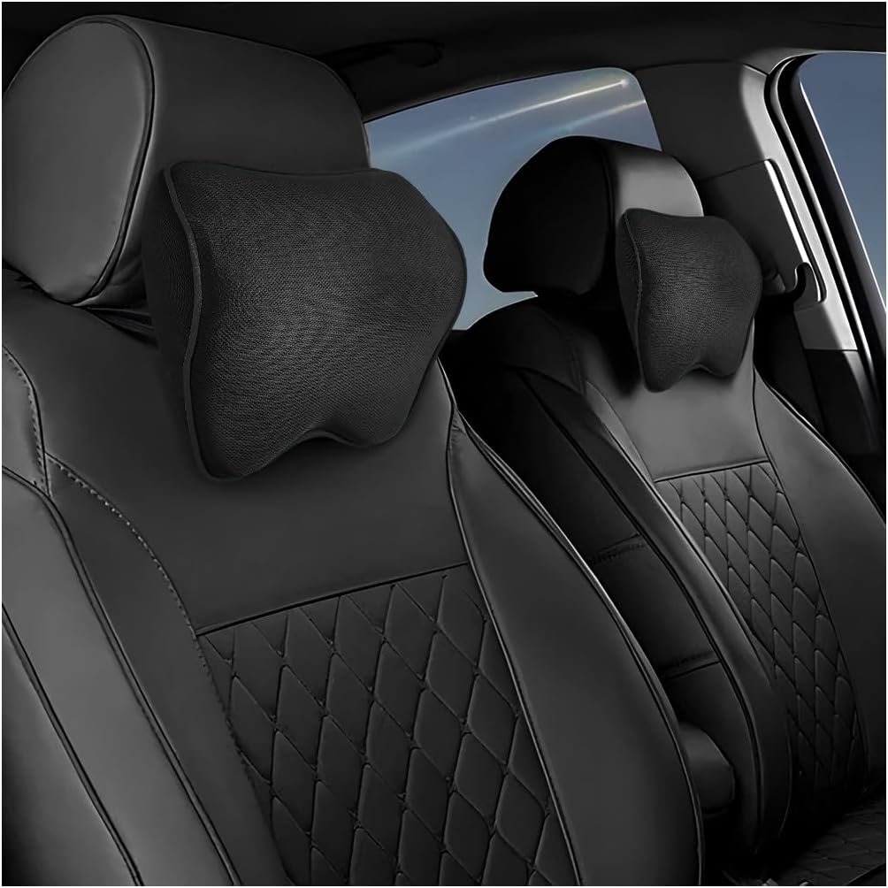 2PCS Car Neck Pillow, Soft Memory Foam Car Seat Neck Support Pillow with Adjustable Strap, Ergonomic Design Removable Headrest Cushion for Neck Pain Fatigue Relief (Black)