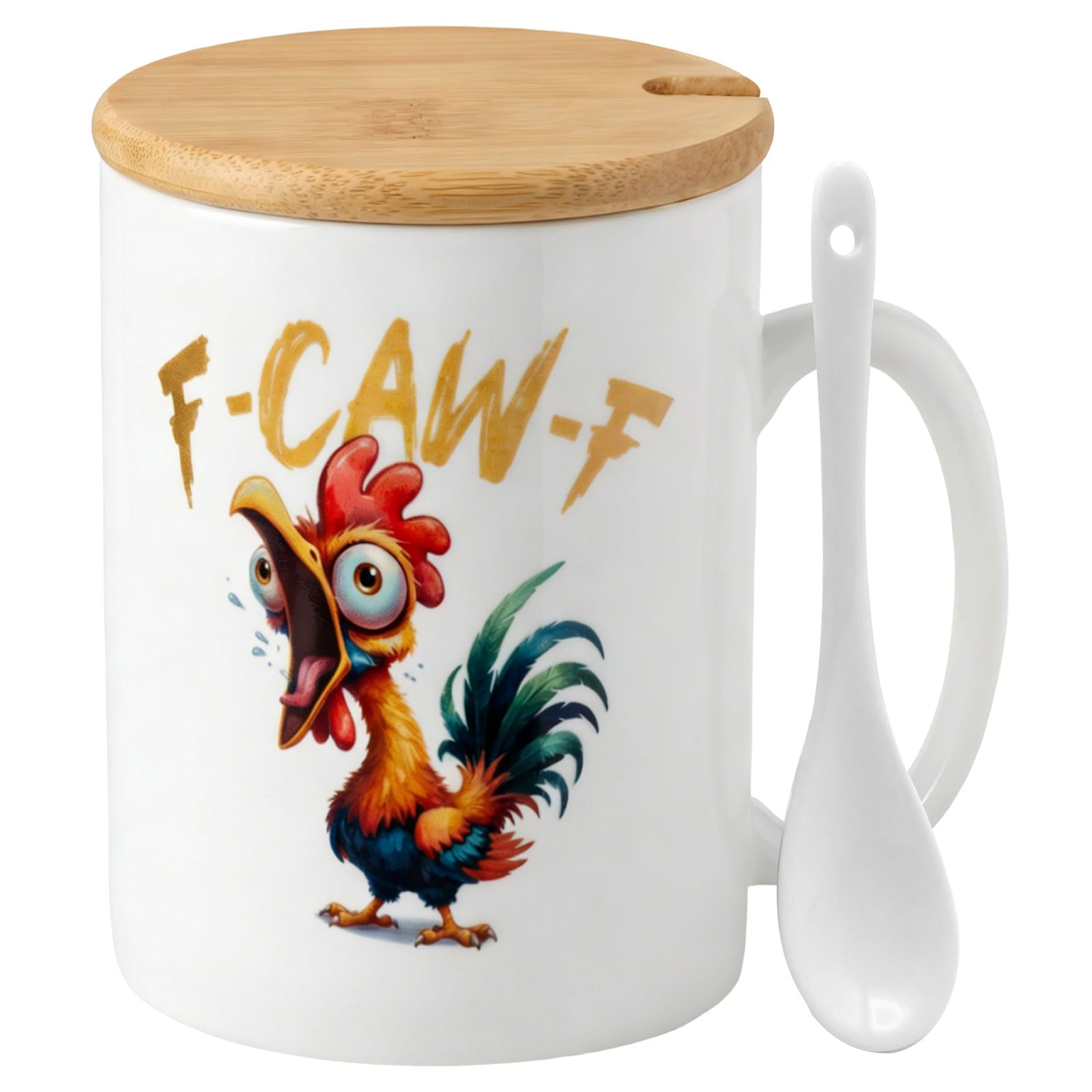 F-Caw-F Funny Chicken Mug - 15 oz Ceramic F Caw F Coffee Mug, Angry Rooster Meme Cup, Funny Mug with Spoon and Lid, Sarcastic Gifts, Farm Animal Humor Gift for Friends, Party Lovers & Coworkers(White)