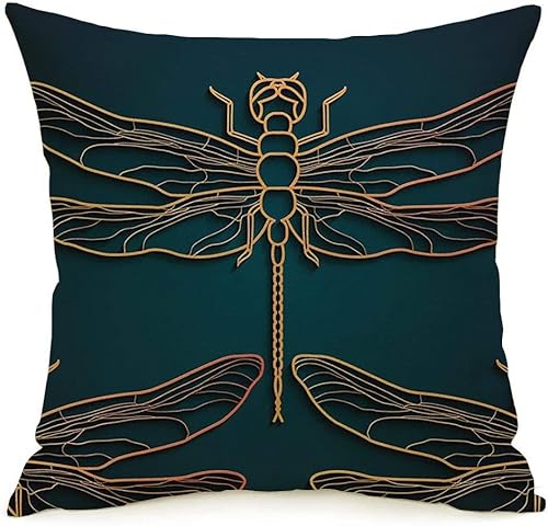 Funda de cojín cuadrada decorativa con diseño de libélula, diseño vintage de libélulas oscuras, texturas de color negro, belleza sin costuras, lino