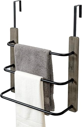 Miniatura 8 de MyGift Toallero para colgar sobre la puerta del baño, organizador rústico de almacenamiento de toallas de madera maciza quemada, barra de toalla de