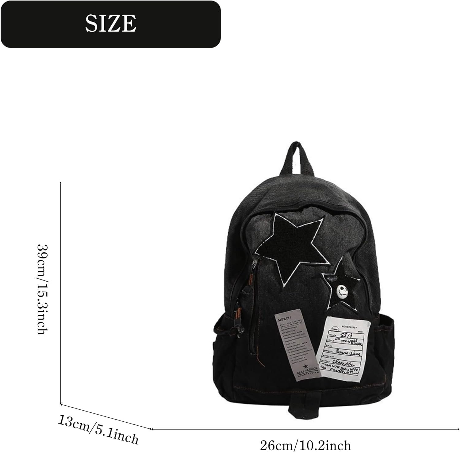 Cute Star Denim Backpack, Grunge Y2K Vintage Fashion Bookbag, Aesthetic Emo 2000s Backpack for Women Men Casual Bag (Black) - Image 5