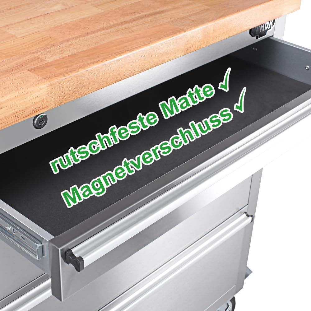 Ondis24 Carrello portautensili in acciaio inox con 4 cassetti scorrevoli e piano di lavoro in legno massiccio XL, ruote girevoli (grigio, 130 x 49 x 92)