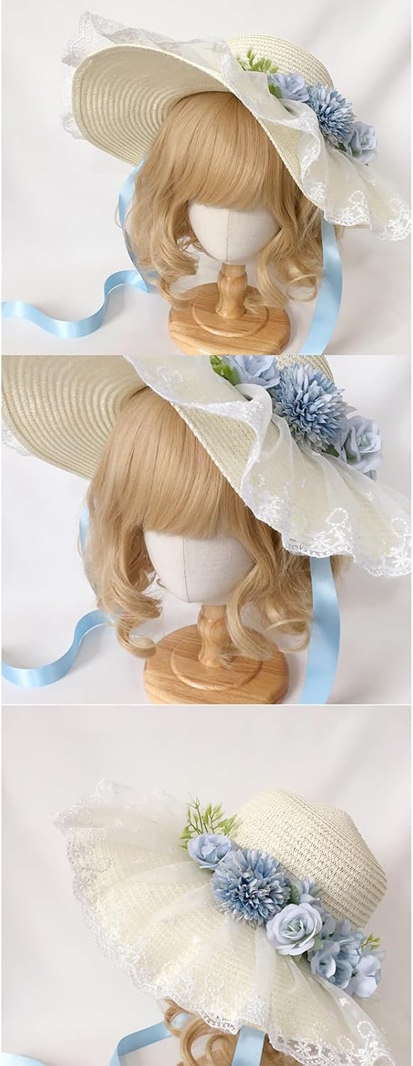 Victorian Straw Bonnet Hat Sun Protective Lace Flower Vacation Fisherman Teaparty Lady Headwear Beach Straw