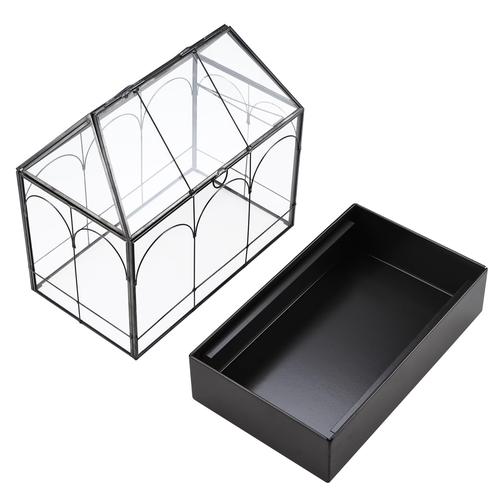 Homtone Maceta de terrario geométrica de 24 cm con bandeja, forma de casa, caja de cristal negra hecha a mano, maceta vintage en miniatura para suculentas, cactus, plantas de aire, negro