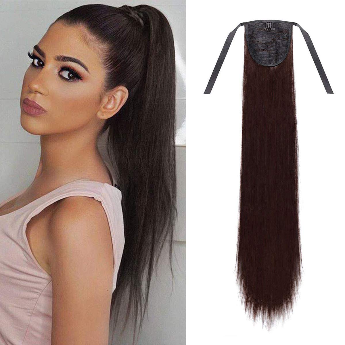 Eerya 22 Inch Long Straight Ponytail Hair Extension Tie Up Hair Piece Heat Resisting Fiber Synthetic Pony Tail Dark Brown Hairpiece for Girl Lady Woman (Straight Hair, 33#)