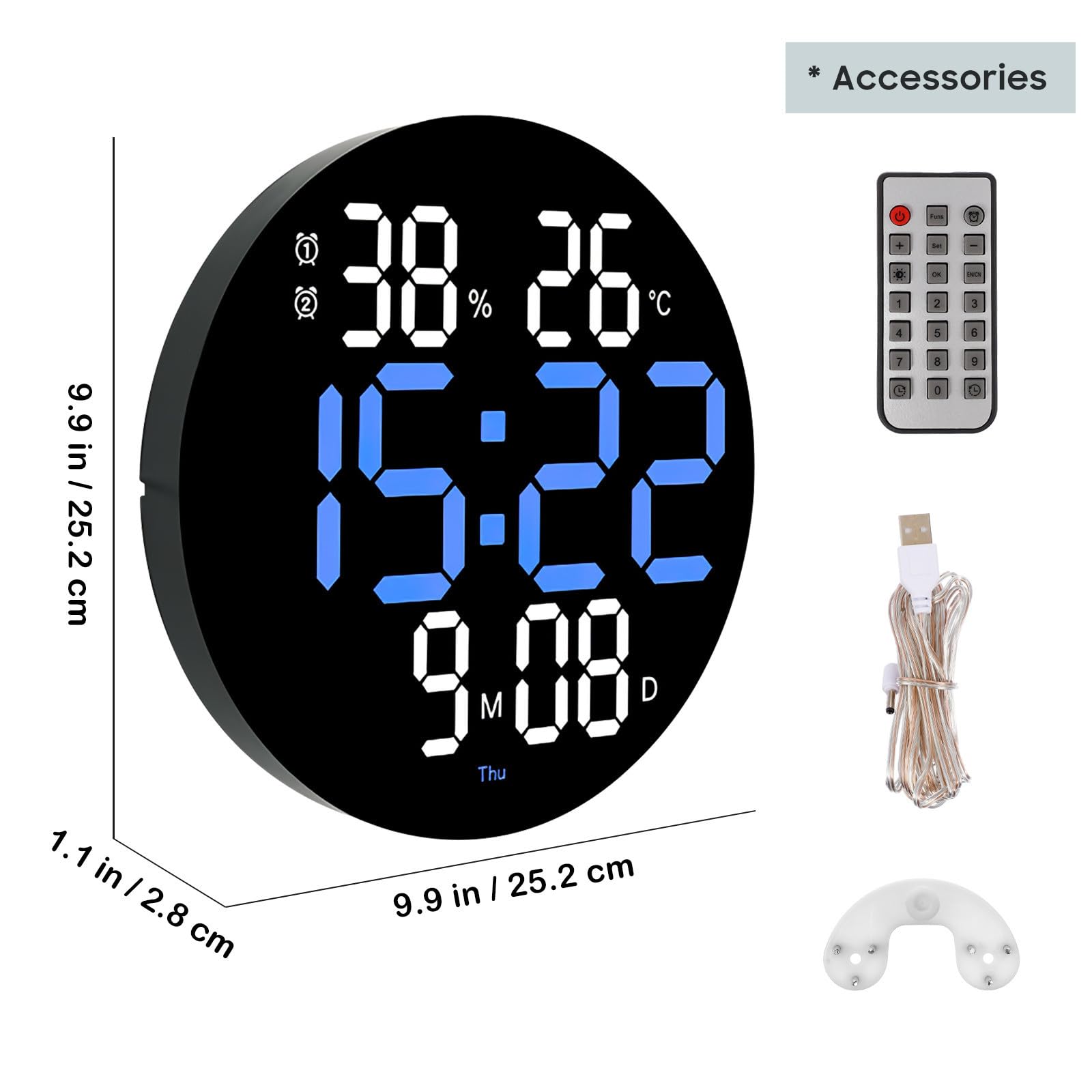 Tofficu Digitale LED Wanduhr mit Temperatur und Luftfeuchtigkeitsanzeige Acrylgehäuse Fernbedienung Großes Display für Wohnzimmer und Schlafzimmer