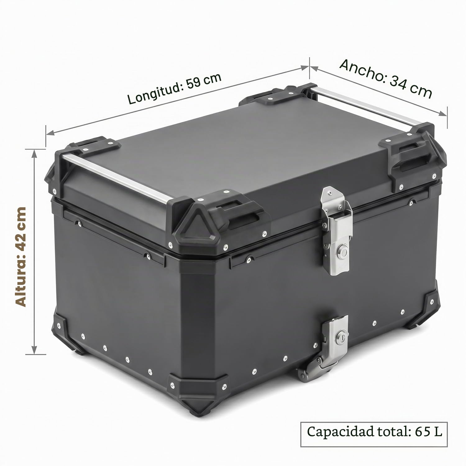 Top Case Moto 65L de Aleación de Aluminio - Baúl trasero universal impermeable para moto y scooter - Maleta de almacenamiento de gran capacidad (2 cascos) Forro interior Premium Cerradura de