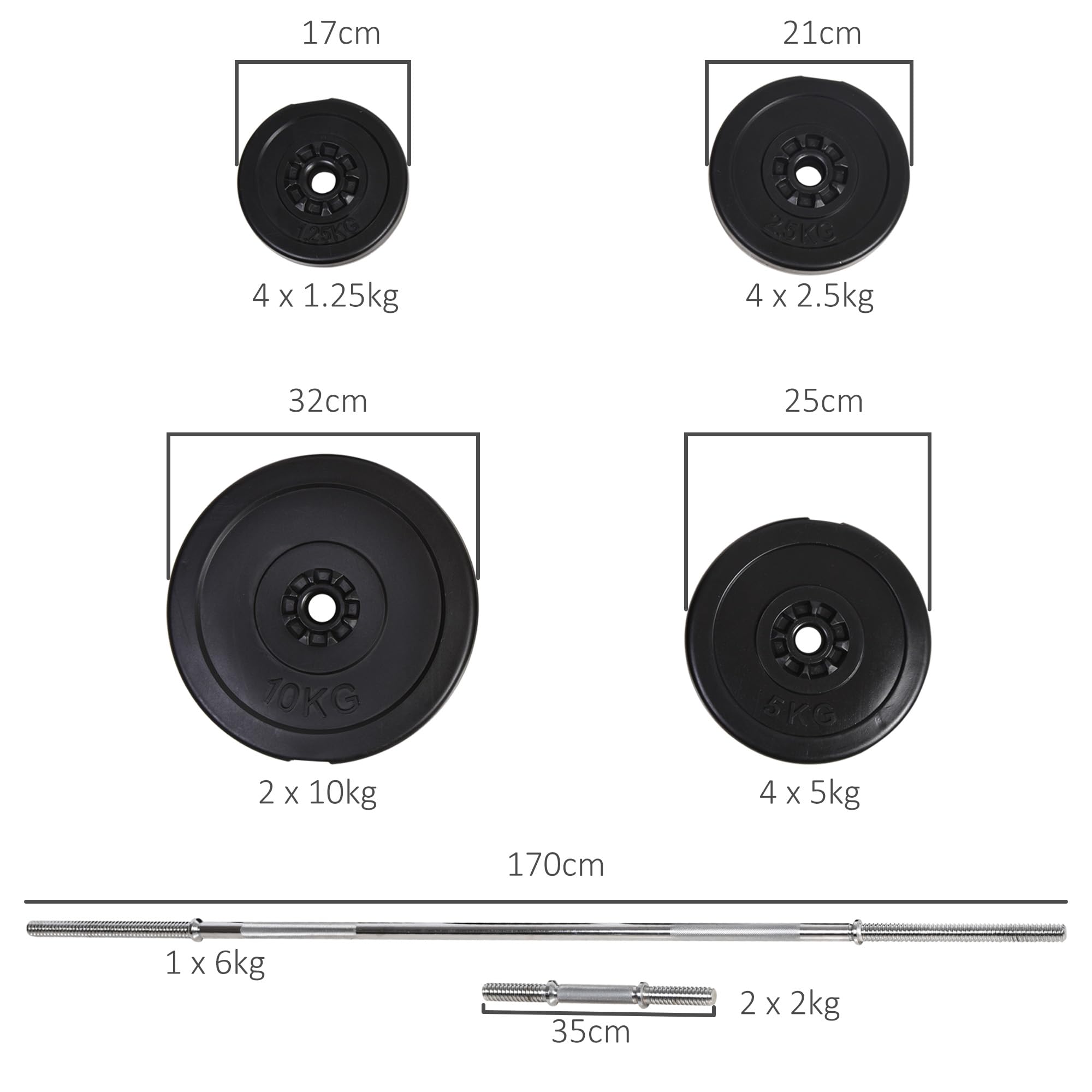 HOMCOM Set Bilanciere e Dischi 65kg con 2 Manubri Pesi, Bilanciere Palestra Manubri con 14 Dischi in Acciaio e Plastica