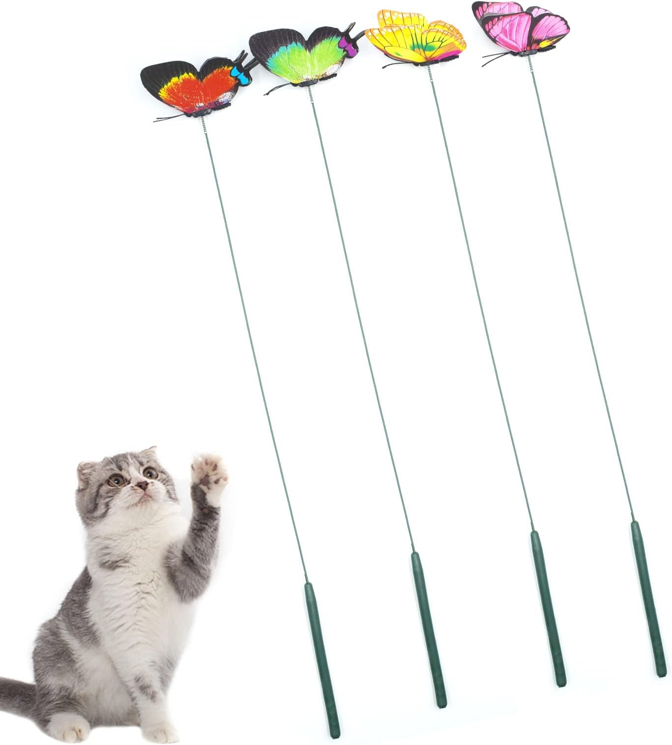 Cat   Wand  Toys, 4 PCS Interactive Butterfly  Cat   Wand  - 16'' Long  Cat  Teaser Wands for  Cat  and Kitten