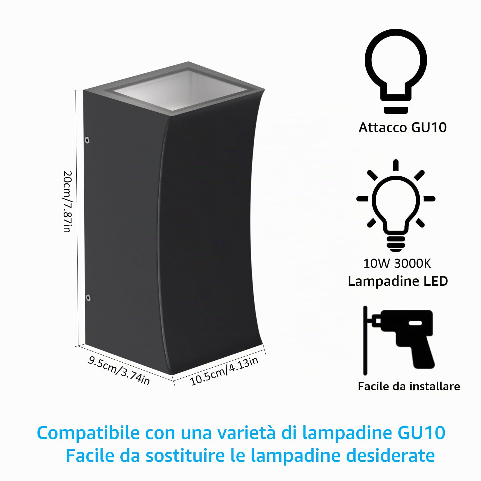 Klighten Applique Esterno/Interno GU10, LED Lampada da parete Alluminio Su Giù 10W bianco caldo 3000K, Applique da Esterni IP65 Moderna per soggiorno giardino corridoio cortile, Nero
