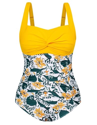 Hanna Nikole Women's Plus Size Monokinis Beachwear Sleeveless Stylish One-Piece Swimsuit Yellow Flower 18