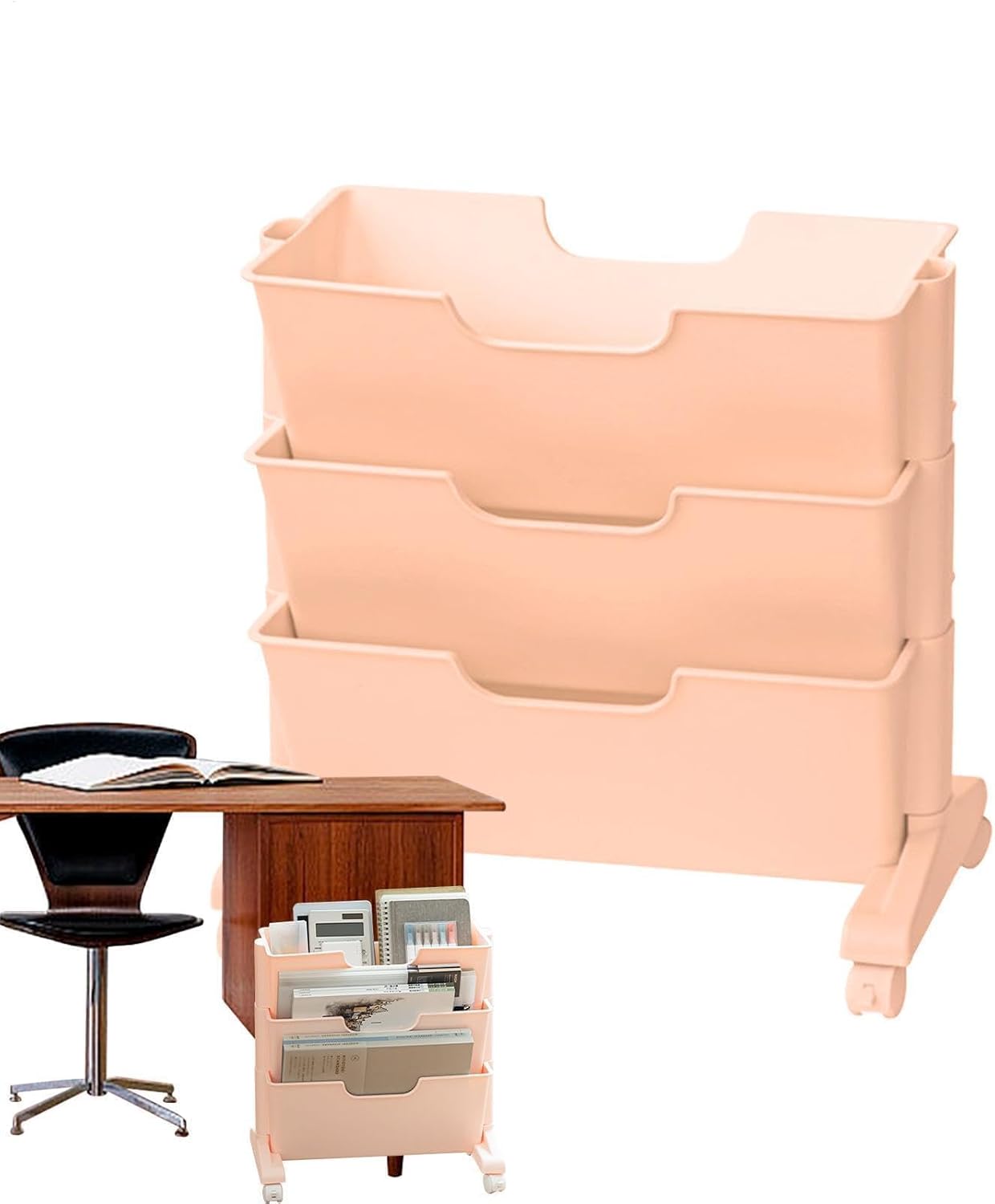 Mobile Bookshelf,3-Tier Rolling Mobile Book Shelf Cart – Versatile Under Desk Storage for Office, Books, Documents & Supplies – Space-Saving Solution on Wheels