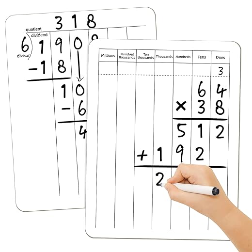 Math Manipulatives White Board for Students - Small White Board Dry Erase - Ideal for Classroom and Home Use - Long Division Double-Sided Dry Erase Board - 9x12 Inches